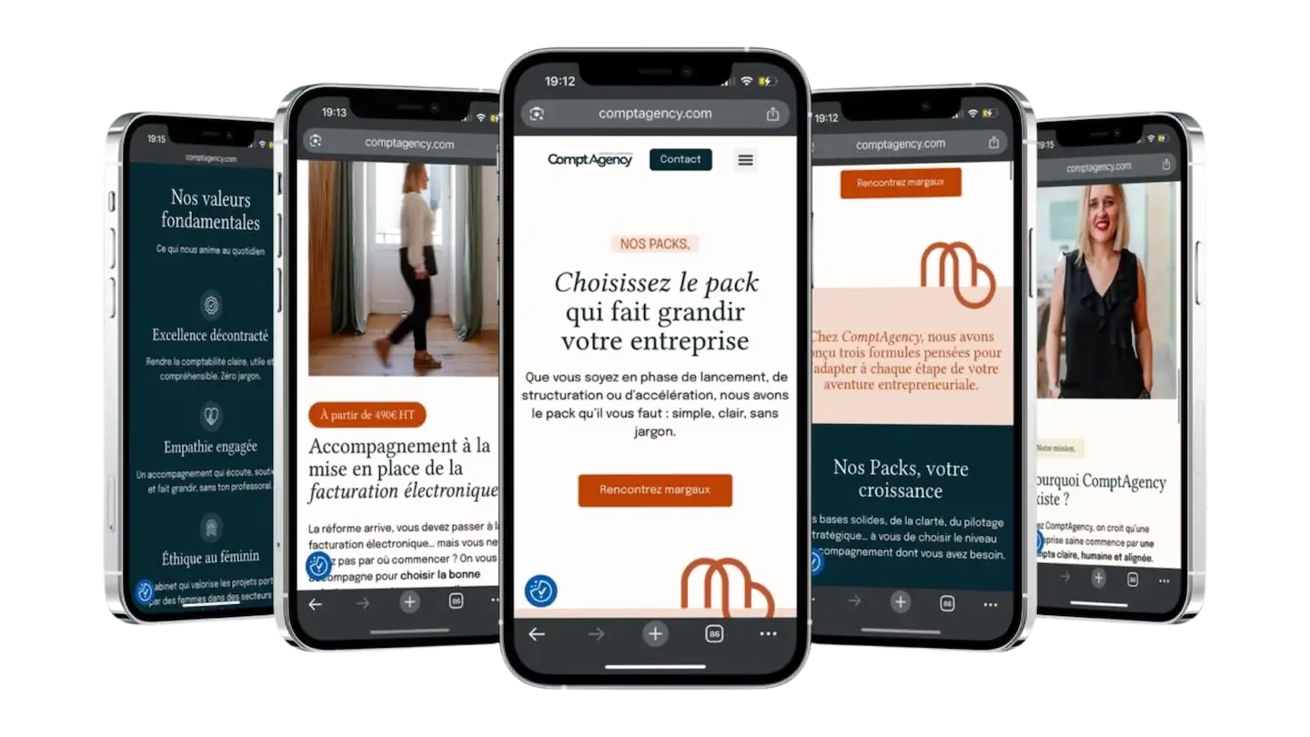 Site WordPress intégré par Soteo pour CompAgency, cabinet d'expertise comptable, affiché sur 5 écrans mobile